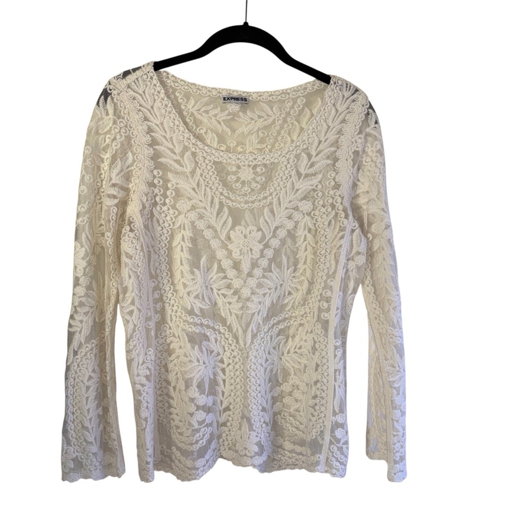 Express Women's M Lace Sheer Ivory Floral Top Boho Cottagecore Prairie Romantic
